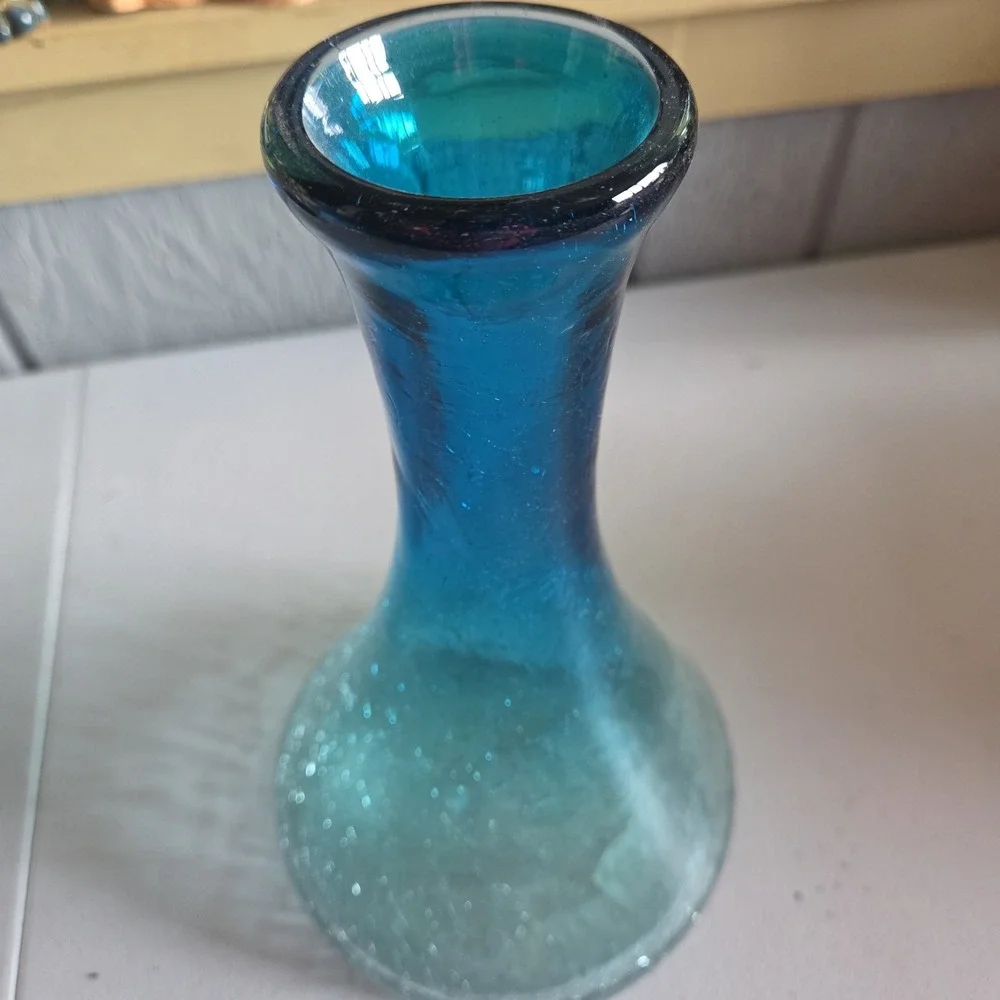 Vintage Hand Blown Crackle Art Glass Aqua Blue Rim Decanter Carafe Vase Mexico